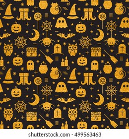 Seamless Halloween gold textured pattern with festive Halloween icons. Golden design for wrapping paper, paper packaging, textiles, holiday party invitations, greeting card. Vector illustration.