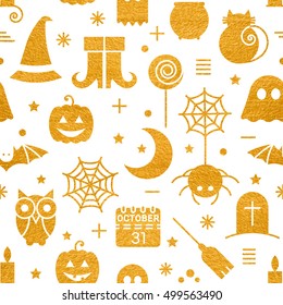 Seamless Halloween gold textured pattern with festive Halloween icons. Golden design for wrapping paper, paper packaging, textiles, holiday party invitations, greeting card. Vector illustration.