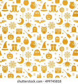 Seamless Halloween gold textured pattern with festive Halloween icons. Golden design for wrapping paper, paper packaging, textiles, holiday party invitations, greeting card. Vector illustration.