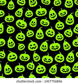 Seamless Halloween Green Pumpkin Pattern in Black Background
