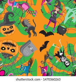 Seamless Halloween holiday pattern. Abstraction witch cauldron cat broom spider web pumpkin candy skeleton braid. Postcard texture printing cloth. Vector image. eps 10