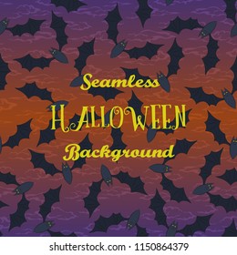 Seamless Halloween Holiday Pattern, Bats Fly in the Night Sky. Vector
