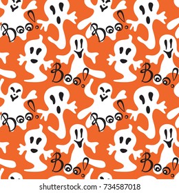 Seamless Halloween holiday pattern with cute ghosts on orange background and white inscriptions "Boo". Vector illustration in cartoon style. Background on a theme of Halloween