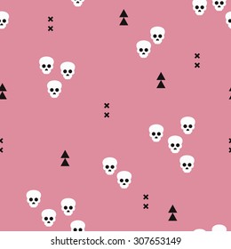 Seamless Halloween horror skulls and geometric abstract elements illustration background pattern print in vector pink