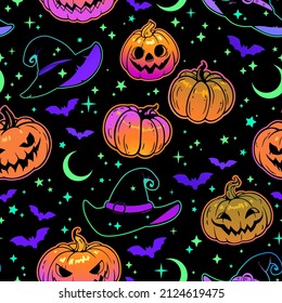 Seamless halloween illustration. Image of smiling festive pumpkins and witch hats