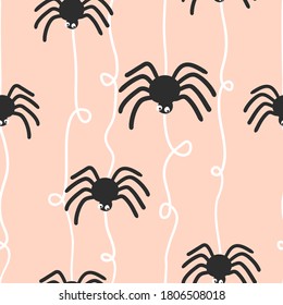 Patrón de caricatura de halloween kawaii sin foco con arañas y telaraña adorables. Fondo de niños Doodle