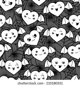 Seamless halloween kawaii cartoon pattern with cute hearts.