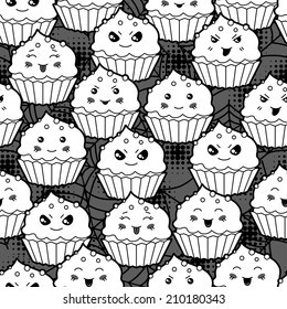 Seamless halloween kawaii cartoon pattern with cute cupcakes.