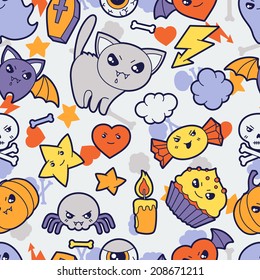 Seamless halloween kawaii pattern with cute doodles.