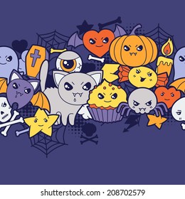 Seamless halloween kawaii pattern with cute doodles.
