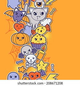 Seamless halloween kawaii pattern with sticker cute doodles.
