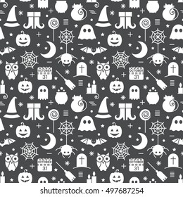 Seamless Halloween monochrome black and white pattern with festive Halloween icons. Design for wrapping paper, paper packaging, textiles, holiday party invitations, greeting card. Vector illustration.