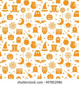 Seamless Halloween monochrome orange and white pattern with festive Halloween icons. Design for wrapping paper, paper packaging, textiles, holiday party invitations, greeting card. Vector illustration