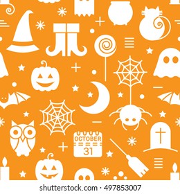 Seamless Halloween monochrome orange and white pattern with festive Halloween icons. Design for wrapping paper, paper packaging, textiles, holiday party invitations, greeting card. Vector illustration