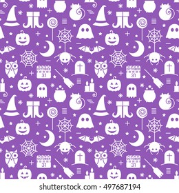 Seamless Halloween monochrome violet and white pattern with festive Halloween icons. Design for wrapping paper, paper packaging, textiles, holiday party invitations, greeting card. Vector illustration