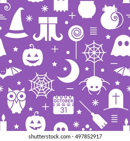 Seamless Halloween monochrome violet and white pattern with festive Halloween icons. Design for wrapping paper, paper packaging, textiles, holiday party invitations, greeting card. Vector illustration
