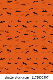 Seamless Halloween orange pattern with bats. Bats on a brick wall background. Black silhouettes of bats on an orange background. Vector illustration