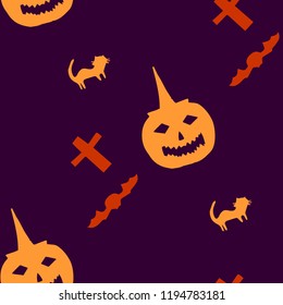 Seamless Halloween party festive background with cute pumpkins and other traditional elements. Decorative pattern. Vector illustration.