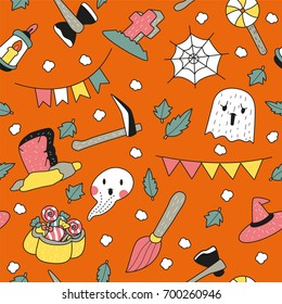 Seamless Halloween party pattern on orange background, cartoon style, Vector illustration.