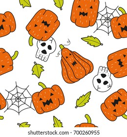 Seamless Halloween party pumpkin pattern on white background, cartoon style, Vector illustration.