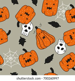 Seamless Halloween party pumpkin pattern on gray background, cartoon style, Vector illustration.