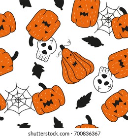 Seamless Halloween party pumpkin pattern on white background, cartoon style, Vector illustration.