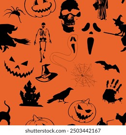 Seamless Halloween pattern with abstract hand drawn art brush and cat, skull, crow, raven, bat, broom, hat, pumpkin, witch background elements in orange and black colors