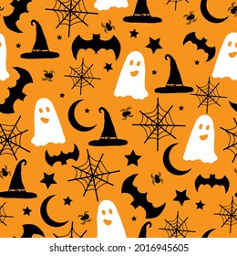 Seamless halloween pattern abstract. orange background . cute halloween attributes . vector texture. trend print for textiles and banners.