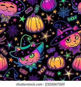 Seamless halloween pattern of adorable cats and festive elements