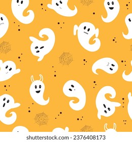 Seamless halloween pattern backgound with cute ghosts cartoon characters.
