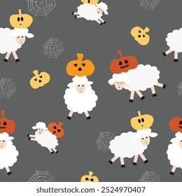 Seamless halloween pattern backgound with cute sheep pumpkin and spider web 