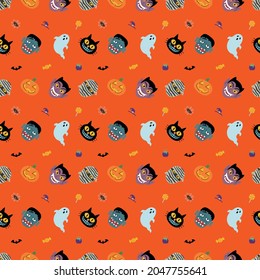 Fondo de patrón de halloween sin foco con divertida caricatura Dracula, Frankenstein, mamita fantasma y calabaza. fondo de patrón impecable. Ilustración vectorial para el diseño de papel de envoltura de tela y regalo.