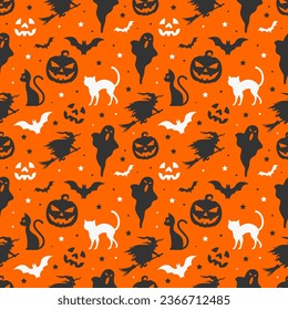 Seamless halloween pattern background illustration with ghost pumpkins and with on orange background