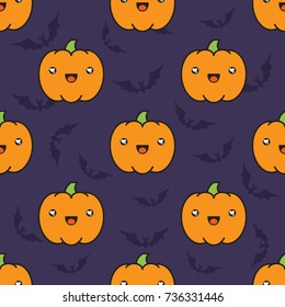 Seamless halloween pattern background with pumpkins on dark violet background with silhouettes of flittermouse. Vector illustration.