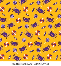 Seamless Halloween Pattern Background. Vector Halloween Elements Illustration. Spiders and Candies on Yellow Background