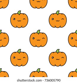 Seamless halloween pattern background with winking kawaii style pumpkins on white background. Vector illustration.