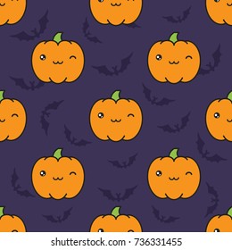 Seamless halloween pattern background with winking kawaii style pumpkins on dark violet background with silhouettes of flittermouse. Vector illustration.