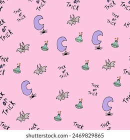 seamless Halloween pattern with bat, spider on a pink background, vector.