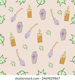 seamless Halloween pattern with bat, spider on a pink background, vector.