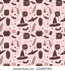 Seamless Halloween Pattern with Bat and Witch Cap