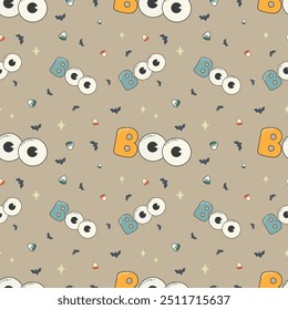 Seamless Halloween pattern with bats, candy corn, eyeballs, and the word "Boo" on a beige background.