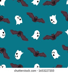 Seamless Halloween pattern with bats and ghosts. Halloween background