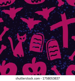 Seamless Halloween Pattern, Bats, Grave Stones, Cross, Cat, Bones, Pumpkin Icons Pattern.