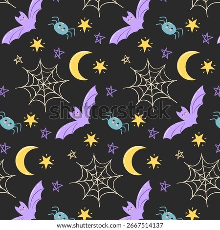 Seamless Halloween Pattern with Bats, Moon and Spider Web. Halloween Background