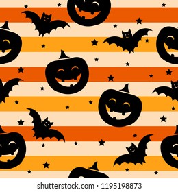 Seamless Halloween Pattern with Bats, Pumpkins jack  and Stars on a striped background.