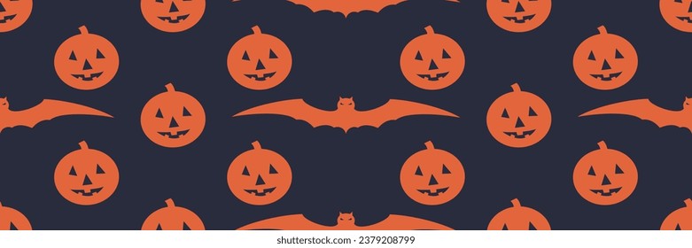 Seamless Halloween pattern with bats and pumpkins. Holiday cartoon backdrop. Vector illustration
