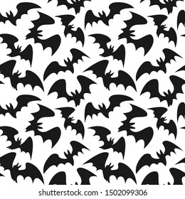 Seamless Halloween pattern with bats silhouettes for greeting card, gift box, wallpaper, fabric, web design. Isolated on white.