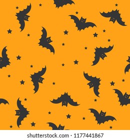 Seamless Halloween Pattern with Bats and Stars on Orange.