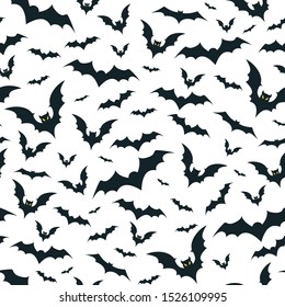 Seamless Halloween Pattern With Black Bats Isolated On White Background.