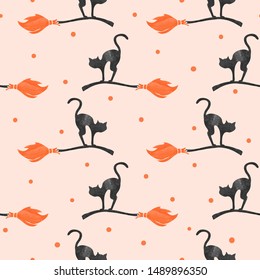 Seamless Halloween pattern with black cat and witch broom.